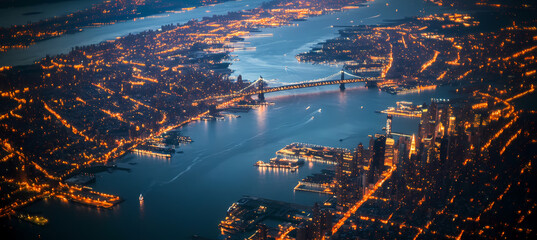 Aerial view of New York City skyline illuminated at night