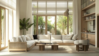 Modern living room with sectional sofa, wooden coffee table and large windows overlooking lush greenery.