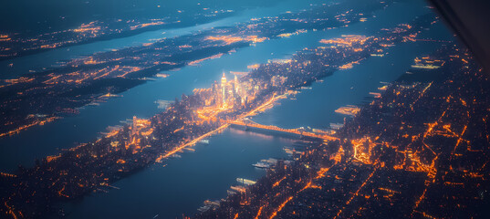 Aerial view of New York City skyline illuminated at night