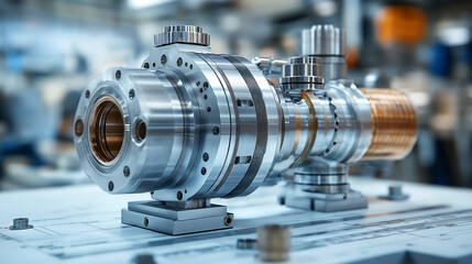 Illustrative concept of mechanical machined part on white background, Generative AI image.	