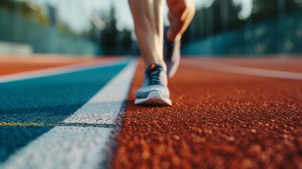 Close-up of an athlete's legs running on a track at sunset. The image captures the determination and focus required in sports, with the vibrant colors of the track and the setting sun adding a