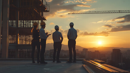 Team of engineers and architects inspecting construction progress, discussing plans with a large building framework in the distance, surrounded by construction materials and tools 