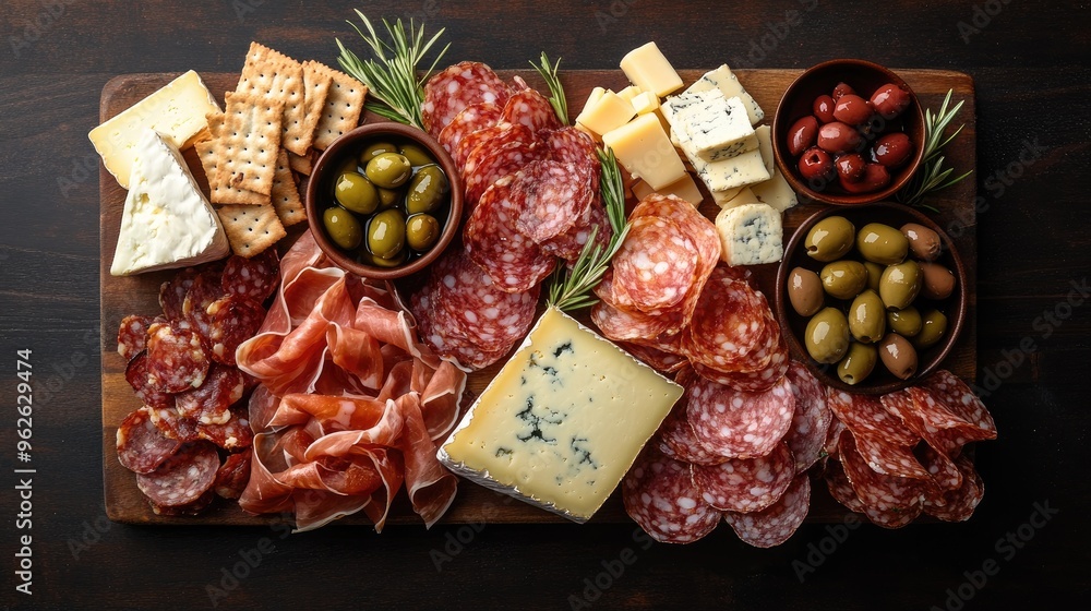 Poster A beautifully arranged charcuterie board featuring meats, cheeses, olives, and crackers.