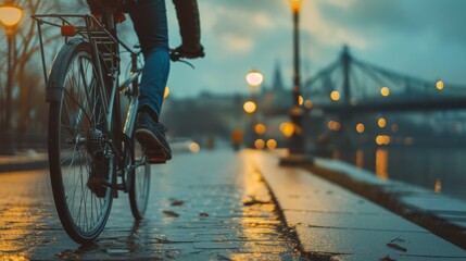 A cyclist navigates a wet city path as dawn breaks, with streetlights reflecting off the damp pavement. The early morning scene captures a sense of urban adventure and the quiet beauty of a city - Powered by Adobe