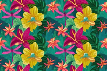 Fototapeta premium Vibrant Tropical Floral and Magenta Dragonfly Pattern Design for Nature Inspired Wallpaper