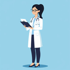 Fototapeta premium Female doctor with medical records, bright cartoon character illustration