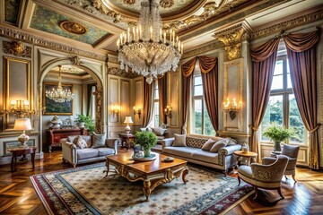 Fototapeta premium Elegant antique furnishings adorn a lavishly decorated, high-ceilinged living room, with intricate moldings, ornate chandeliers, and opulent fabrics evoking opulence and refinement of a bygone era.