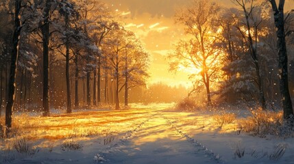 Sunlit Path Through a Snowy Winter Forest