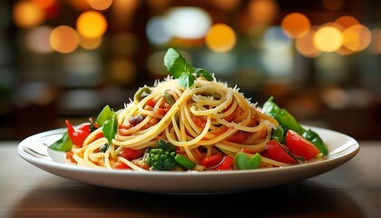 A plate of pasta is served with fresh vegetables, which is rich and attractive in colors and has a blurred background, creating a warm dining atmosphere.