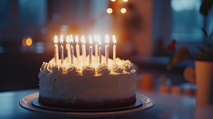 A birthday cake with lit candles, celebrating a special occasion.