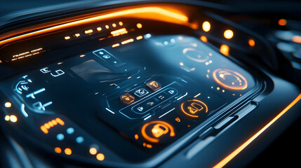 Fototapeta premium Futuristic Car Dashboard with Orange and Blue Lights - 3D Illustration
