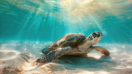 Obraz premium photo of a sea turtle swimming in the ocean,illuminated by sunlight reflected from the surface