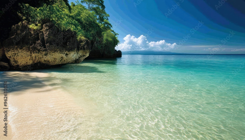 Sticker Tropical Beach with Clear Blue Water and Lush Foliage