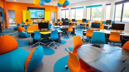 A fully accessible classroom where digital tools are used to create a collaborative and inclusive learning environment, supporting students with different abilities with copy space for text