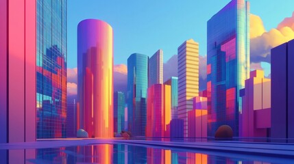 Naklejka premium Vibrant Futuristic City Skyline with Colorful Geometric Skyscrapers and Reflective Surfaces
