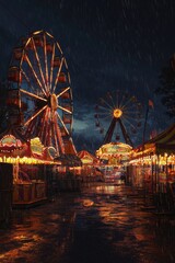 Vibrant Nighttime Carnival Scene with Illuminated Ferris Wheel and Rides