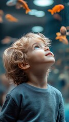 Kid excitedly pressing their face against the glass of an aquarium tank, watching colorful fish swim by with wide-eyed wonder.