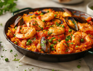 Fototapeta premium Flavorful Spanish shrimp Paella in a cast iron pan with fresh ingredients