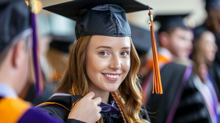 graduate adjusting their cap and gown in front of a mirror, with a proud and excited expression, ready for the graduation ceremony, with ample copy space for text