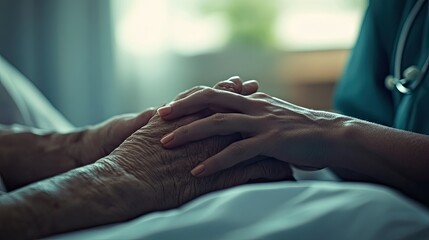 A caregiver gently holds the hand of an elderly patient in a comforting gesture.