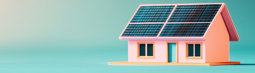 Fototapeta premium minimalist 3d render of a pastel pink house with solar panels on a blue background.