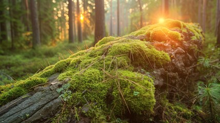 a fallen log covered in moss, bathed in the soft, golden light of the setting sun, with the surrounding forest creating a tranquil and natural backdrop, with copy space for text