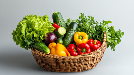 Basket of Fresh Vegetables with Lettuce, Cucumbers, and Bell Peppers