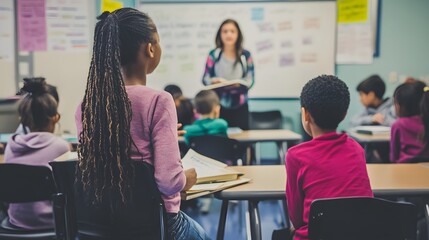 93. A teacher leading a discussion on literature with books and character charts