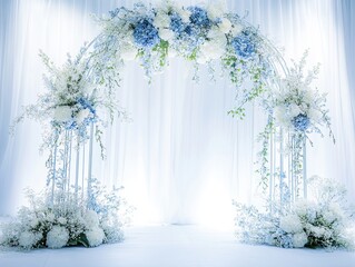 Fototapeta premium Elegant white and blue floral wedding arch, Stunning wedding arch adorned with white and blue flowers, creating an elegant and serene backdrop perfect for ceremonies and special events. 