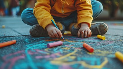 A child draws colorful chalk art on pavement, showcasing creativity and playfulness.