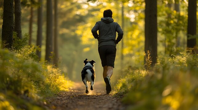 5. A jogger with a border collie running through a forest trail