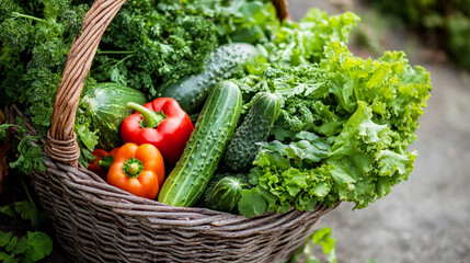 Fototapeta premium Basket of Fresh Vegetables with Lettuce, Cucumbers, and Bell Peppers