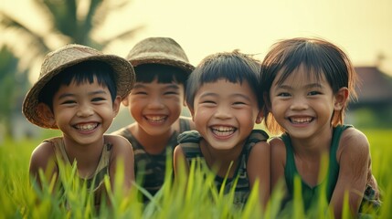 Fototapeta premium group of happy Thai rural children smiling joyfully amidst green rice fields style cinematic lighting, warm color palette