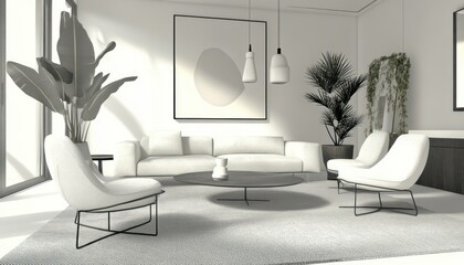 Minimalist Living Room with White Furniture and Abstract Artwork