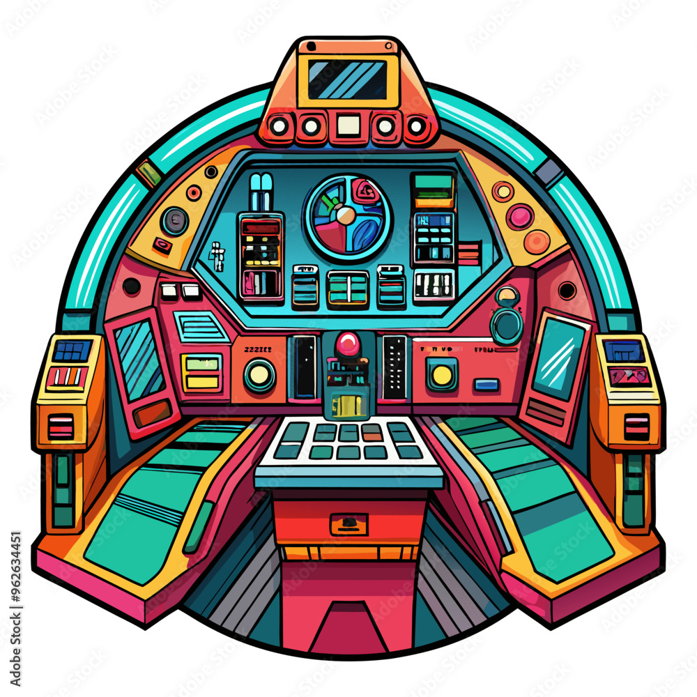 Poster futuristic spaceship cockpit with vibrant controls and digital display technology