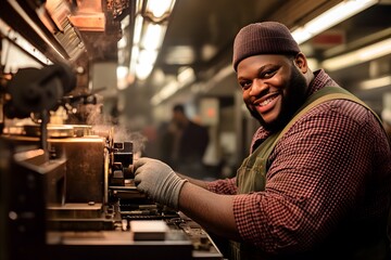 Happy African American Mechanic Working on Industrial Machine