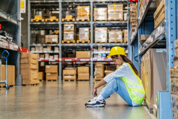 Young asian woman warehouse worker staff feeling sad and upset or look tired and lost job while...