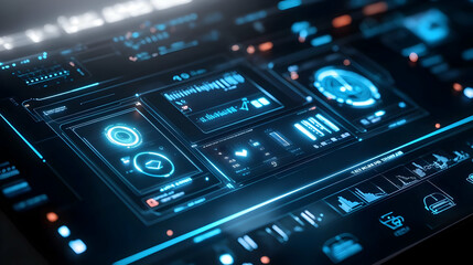 Obraz premium Futuristic 3D Digital Interface with Glowing Blue Lines and Icons