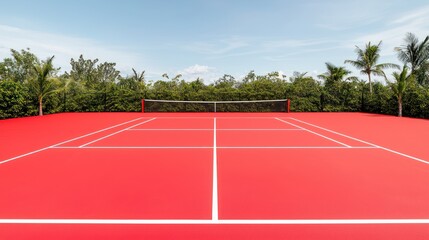 Naklejka premium Futuristic Tennis Court with High-Definition Textures and Detailed Net in Open-Air Stadium under Clear Sky - 8k Resolution