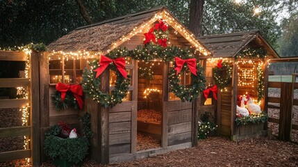Obraz premium A chicken coop decorated for the holidays with wreaths, red bows, and string lights, creating a festive farm scene