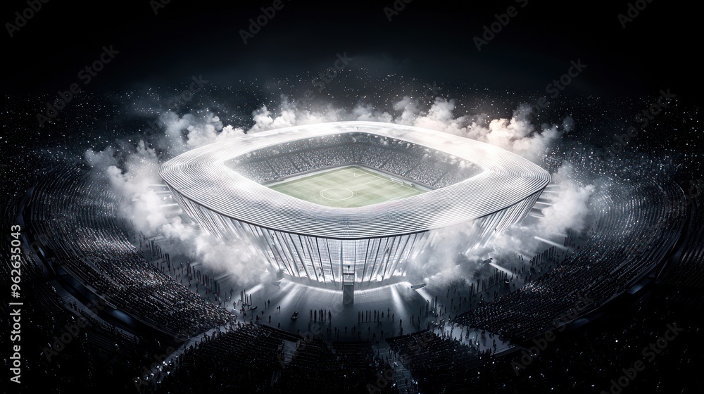 Aufkleber futuristic modular football stadium with dynamic lighting and abstract architecture in high luminosi