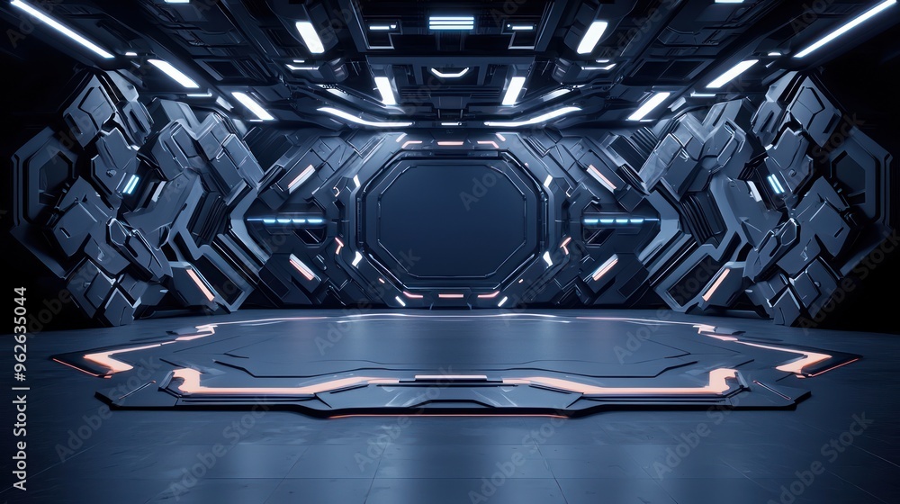 Poster futuristic football stadium with modular design, dynamic lighting, and abstract architecture in high