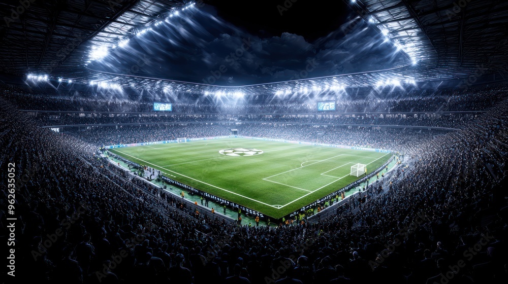 Aufkleber futuristic modular football stadium with dynamic lighting and abstract architecture in high luminosi