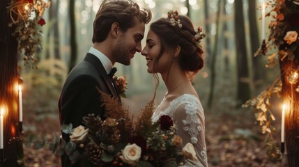 A bride and groom share a tender moment in a forest setting, surrounded by autumn foliage and rustic floral arrangements. This enchanting image captures the essence of a woodland wedding.