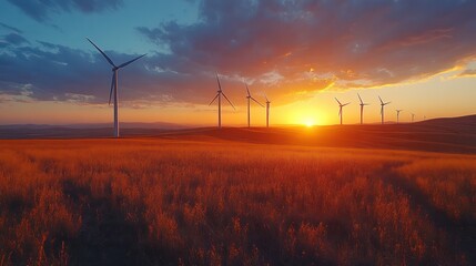 Obraz premium A wind farm with large turbines spinning in a field, golden sunset in the background, renewable energy focus,