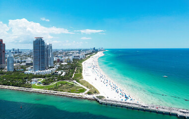 Miami beach, ocean drive summer cityscape. Miami Beach, South Beach, Florida, USA. Coastline, aerial view. Aerial view of high skyscrapers and ocean, Miami Beach, Florida, United States.