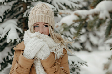 A beautiful blonde woman in her 20s wearing winter attire, including a knitted hat and scarf, smiling in a snowy forest setting