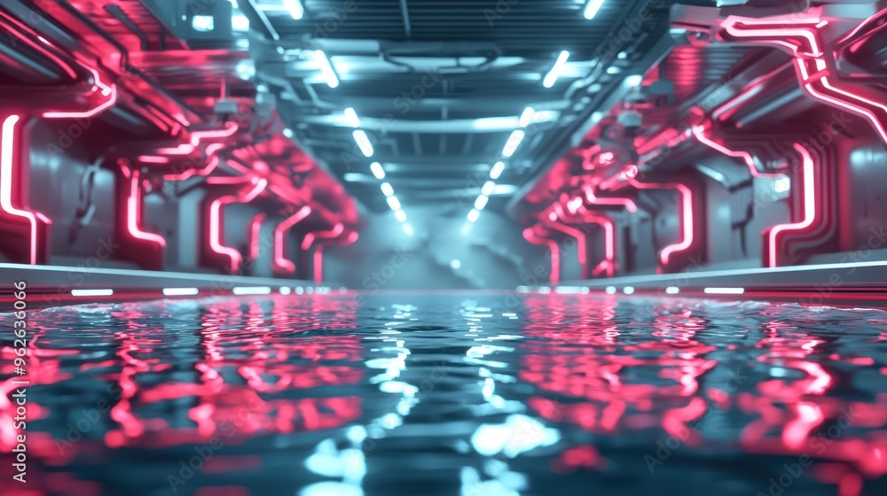Aufkleber illuminated futuristic swimming stadium with dynamic water reflections and high-tech architecture in