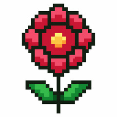 Obraz premium Pixel Art Red Flower with Green Leaves on White Background Retro 8 Bit Nature Design