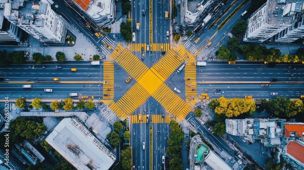 Poster An aerial view of a city intersection with bright yellow traffic lines, showcasing the grid-like pattern of urban planning